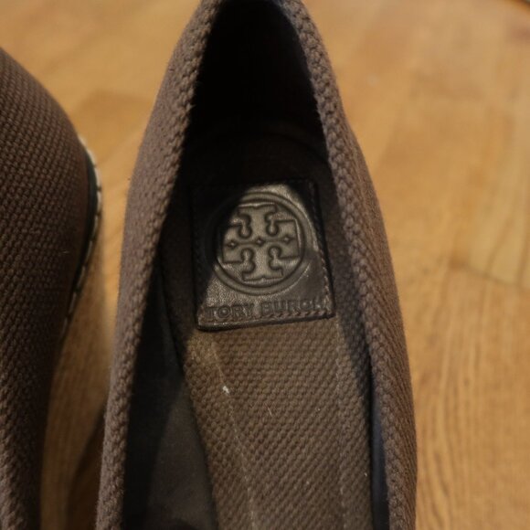 TORY BURCH brown wedge shoes 10 peep hole espadrille canvas vacation boho logo - Picture 5 of 11